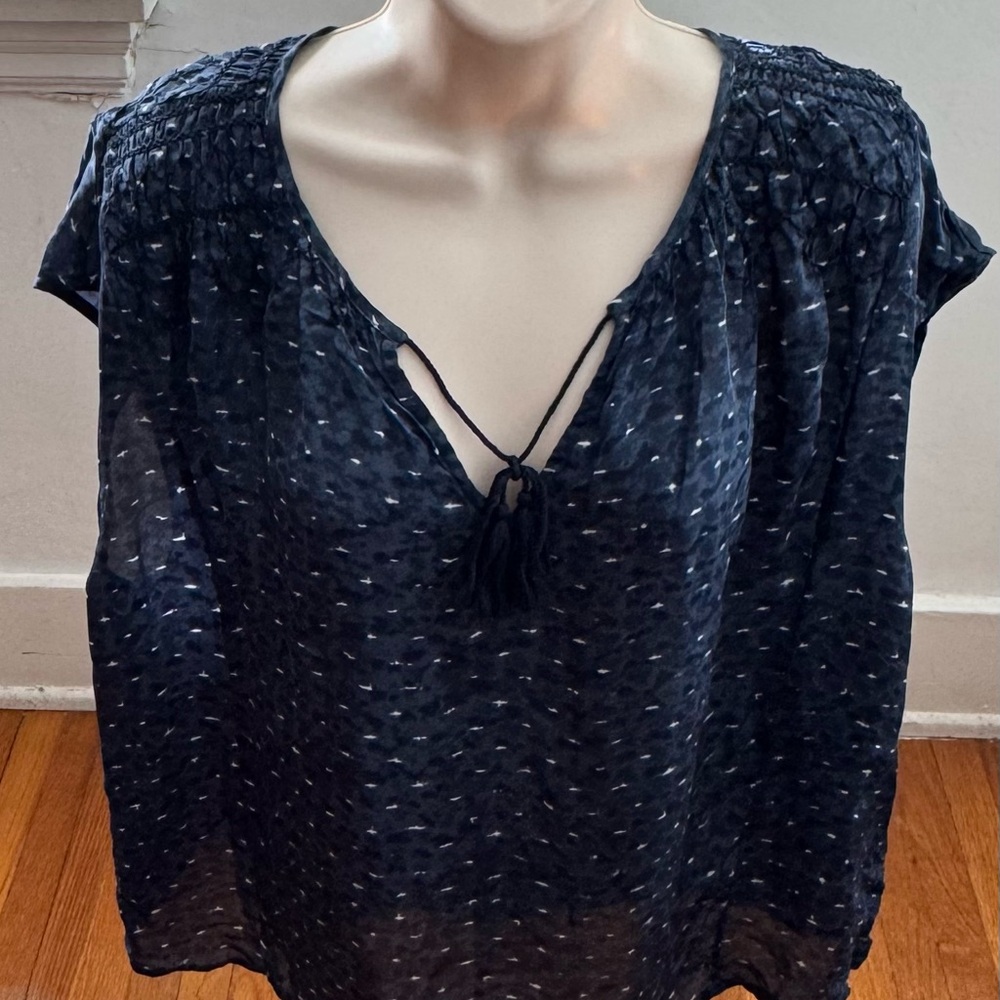 Navy blue abstract print Blouse with Tassel Detail, size L relaxed fit bohemian